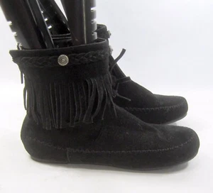 bamboo BLACK round toe flat ankle frill  Ankle Boots women Size 6 - Picture 1 of 4