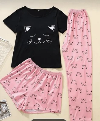 Pijama feminino 3 peças estampa de gato macio manga curta pijama e shorts e calças longas XS 2 - Imagem 1 de 4