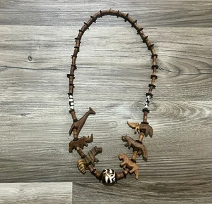 Vintage African Hand Carved Wooden Safari Jungle Animals Beaded Tribal Necklace - Picture 1 of 5