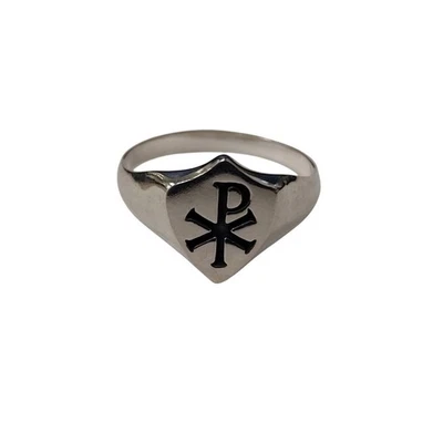 Sterling Silver Men Signet Ring Chi Rho Solid Stamped 925 Comfort Fit - Image 1 of 4