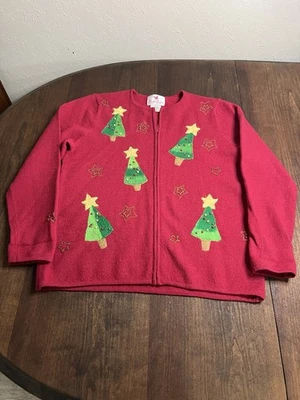 Vintage Quackers Factory Wool Christmas Sweater Size S Red Trees And Stars - Image 1 of 4