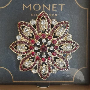 MONET Brooch with Red and Clear Rhinestones in Gold Tone Setting New in Box - Picture 1 of 6