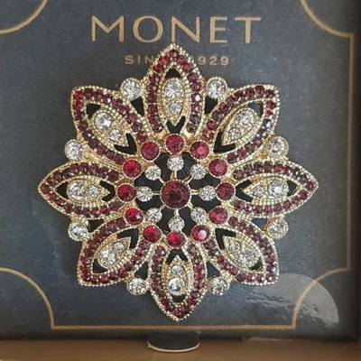 MONET Brooch with Red and Clear Rhinestones in Gold Tone Setting New in Box - Image 1 of 4