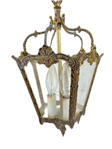Vintage Ornate French Regency Rococo Brass & Etched Glass  1890 Pendant Lamp - Picture 1 of 14