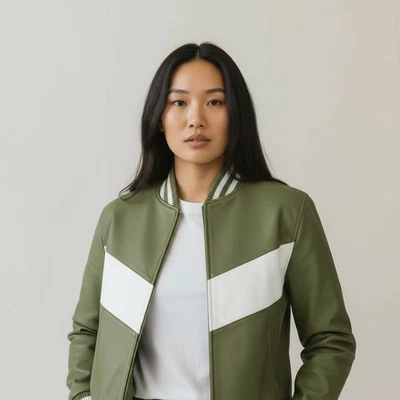 Conjunto de 2 piezas de chándal de cuero de vaca VERDE OLIVA para mujer con rayas blancas Foto 1 de 4