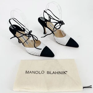 Vintage Manolo Blahnik White Black Pointed Cap Toe Lace Up Heel Pump IT 38.5 - Picture 1 of 15
