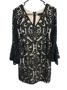 Mini Vestido MSK Manga Campana Encaje Superpuesto Cóctel Negro Desnudo Talla 10 Fiesta Elegante - Imagen 1 de 13