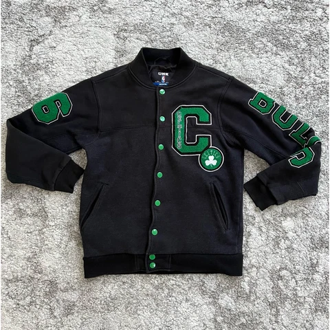 UNK Boston Celtics Men Snap Front Jacket Bulls Mesh Up Black Green Pockets NBA Cover
