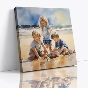 Children Playing On Beach Seaside Coastal Square Canvas Print Picture Wall Art - Picture 1 of 26