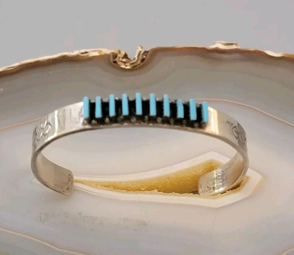 Vtg Zuni Sterling Silver Needlepoint Turquoise Childs Cuff Bracelet Signed RL - Image 1 of 4
