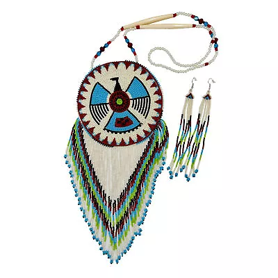 Handmade beaded Cream Cyan Blue Thunder bird 5 inch necklace earrings set - Image 1 of 4