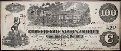 1862 $100 Confederate States Of America Currency STAMPED T39 CR291 P88 - Image 1 of 2