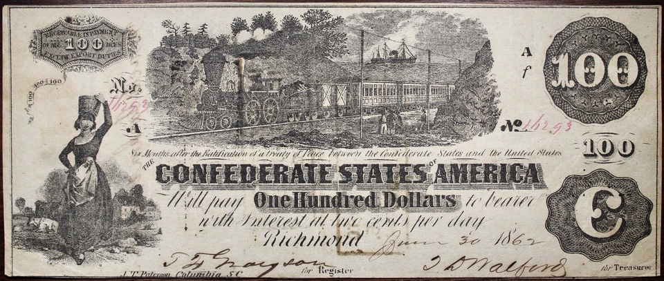 1862 $100 Confederate States Of America Currency STAMPED T39 CR291 P88 - Image 1 of 2