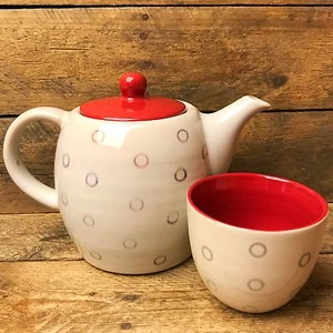 Pier 1 Set of Two Red and White Teapot and Cup - Picture 1 of 5