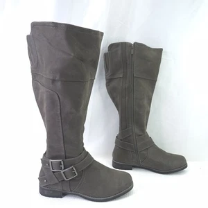 Torrid Größe 8,5 grau geöltes Kunst-Wildleder doppelte Schnalle kniehohe Stiefel weite Wade - Bild 1 von 7