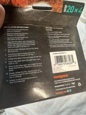 Mongoose Bike Tube for Fat Tire Bicycles Schrader Valve 20 x 4 inch Black New - Image 1 of 2