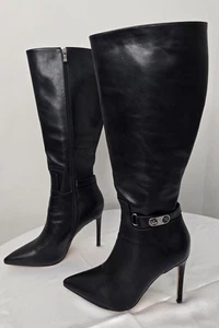 Black Knee High Boots Size 9 Side Clasp Inner Zipper 4" High Heel 20" Boots - Picture 1 of 9