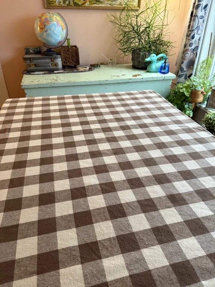 Vintage L.L. Bean Full Size Cotton Flannel Duvet Cover Brown And Cream Plaid - Image 1 of 4