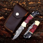 Damascus Steel Folding Pocket Knife Back Lock EDC Hunting Camping knife W/ Pouch