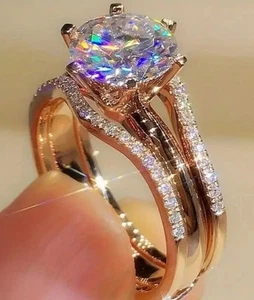 3CT Round Cut Simulated Diamond Women Bridal Wedding Ring 14K Yellow Gold Plated - Picture 1 of 4