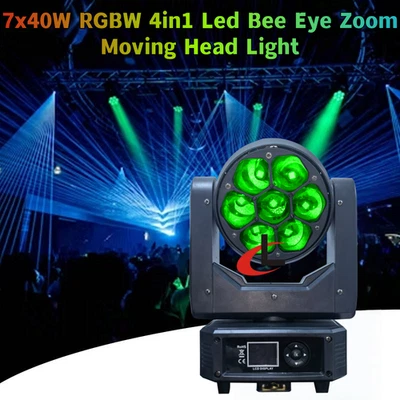 7x40w LED Bee Eye Moving Head Light Zoom Beam Wash RGBW 4 In 1 DJ Stage Lights - Image 1 of 4
