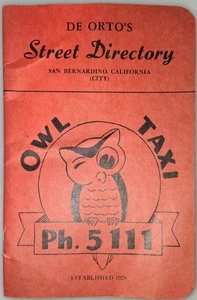 1952 DE ORTO'S Street Directory SAN BERNARDINO, CALIFORNIA OWL TAXI - Picture 1 of 2