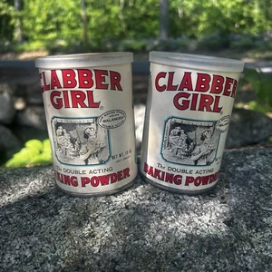 2 Vintage Clabber Girl Baking Powder Tin With Lid - Paper Label - 10 oz. Empty - Picture 1 of 10