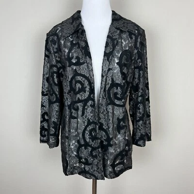 Chaqueta Blazer Chicos 2 Mujer Grande Negra Floral Encaje Frente Abierto Manga 3/4 Transparente Foto 1 de 4