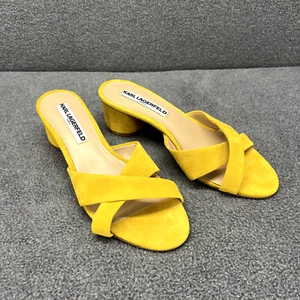 Karl Lagerfeld Sandals Women 7 M Yellow Suede Fawn Canary Slide 2" Block Heel - Picture 1 of 17