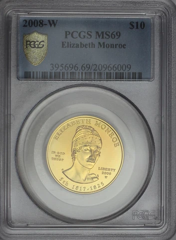 2008-W $10 Elizabeth Monroe First Spouse Fine Gold Coin PCGS MS69 Cover