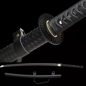 Full Tang All Black Katana Sword Real Hamon Clay Tempered T10 Steel Razor Sharp - Picture 1 of 16