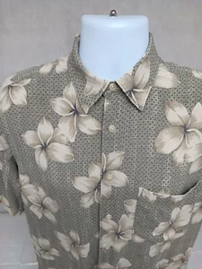 Nautica Mens Medium Green Tan 100 Silk Hawaiian Tropical Floral Button Shirt - Picture 1 of 12