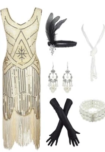 20er Jahre Gatsby Pailletten Fransen Paisley Flapper Kleid mit 20s Accessoires Set groß - Bild 1 von 10