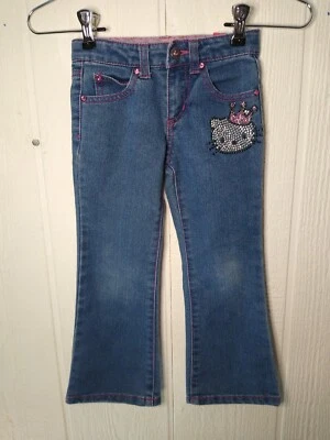 Jeans Princesa Hello Kitty Meninas Tamanho 4 Macy's Cintura Ajustável Bordada Bling - Imagem 1 de 4