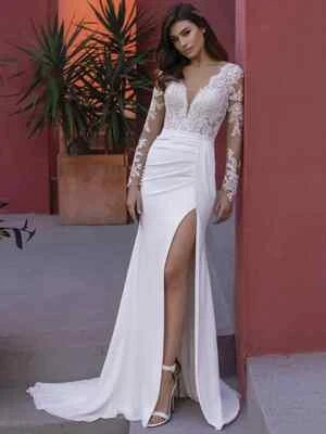 Сексуальный V шеи стороны разрез длинные рукава аппликации кнопка назад русалка свадебное платье - Изображение 1 из 4