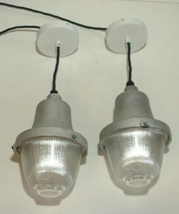 PAIR Holophane 7" Industrial CORDED PENDANT NOS Light Factory VTG Glass GLOBE - Picture 1 of 12