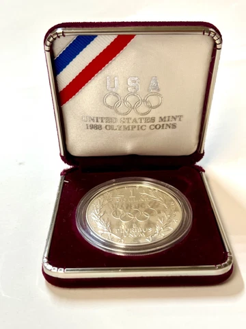 U.S. MINT 1988 Proof OLYMPIC SILVER DOLLAR COINT with COA & Box Cover