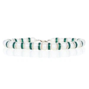 NEW Freshwater Pearl & Green Enamel Bracelet 7" - Sterling Silver Beaded - Picture 1 of 8