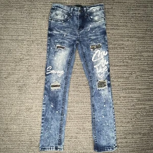 Encrypted Size 10 Boys Jeans Mid Rise Distressed Savage Splattered Blue Denim - Picture 1 of 12
