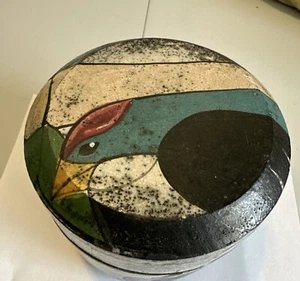 Raku hecho a mano cerámica negra multicolor tarro con tapa patrón de pájaro JMA 88 4,75” 4” - Imagen 1 de 22