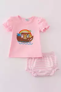 Mädchen Boutique rosa Arche Noah Applikation bestickt Bloomer Set Outfit passend - Bild 1 von 10
