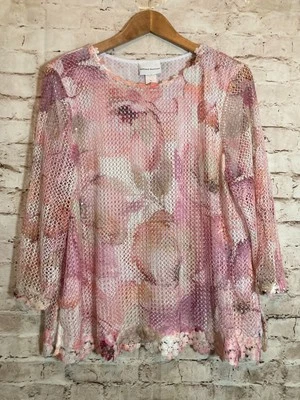 Alfred Dunner Top Womens Large Pink All Over Embroidered Mesh Overlay Soft Girl - Image 1 of 4