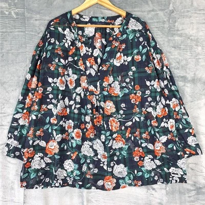 Womens Top 2X Boho Floral Bloomcore Plaid Sheer Popover Office Work Feminine - Image 1 of 4