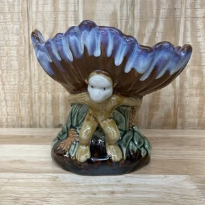 Majolica Style Ceramic Monkeys Holding Bowl Pedestal Centerpiece Compote VTG 8" - Picture 1 of 7