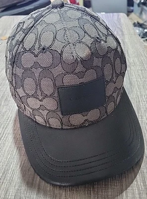 Boné COACH CB699 Signature aba plana mistura de algodão aba de couro carvão M/L novo com etiquetas - Imagem 1 de 3