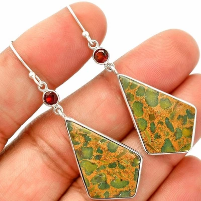 天然竹碧玉和石榴石 925 纯银耳环首饰 E-1002 — 第 1/4 张图片