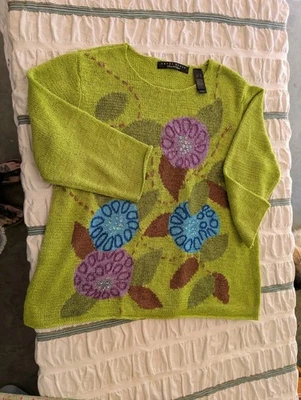 Women's Crazy Horse Collection Green Sweater Grannycore Embroidery Sequins XL - Image 1 of 4