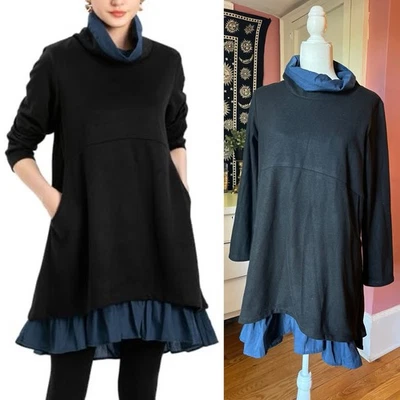Minibee Cotton Blend Dress Women Black Blue Lagenlook Oversized  Pockets Size S - Image 1 of 4