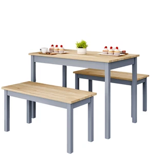 Set of 3 Modern Wooden Dining Table with 2 Benches Grey Kitchen Furniture - Picture 1 of 4