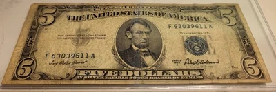 1953 A 5 Dollar US Silver Certificate Blue Seal Banknote!  - Image 1 of 2